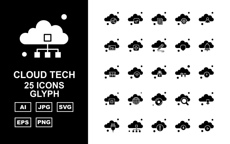 25 Premium Cloud Tech Glyph Icon Set - TemplateMonster