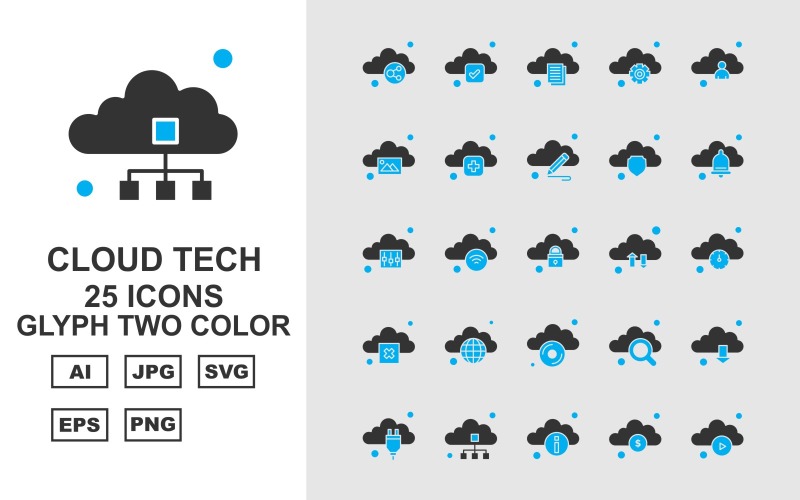Download Набор иконок "25 Premium Cloud Tech Glyph Two Color Icon Set" / 25 Premium Cloud Tech Glyph Two Color Icon Set - Набор иконок на тему data link,wifi,search,download,plug,database,information,dollar,play,tick,document,setting,man,gallery,add,pencil,shield,bell,option,icon