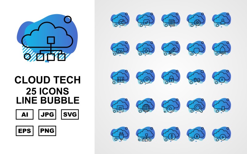 Download Набор иконок "25 Premium Cloud Tech Line Bubble Icon Set" / 25 Premium Cloud Tech Line Bubble Icon Set - Набор иконок на тему data link,wifi,search,download,plug,database,information,dollar,play,tick,document,setting,man,gallery,add,pencil,shield,bell,option,icon