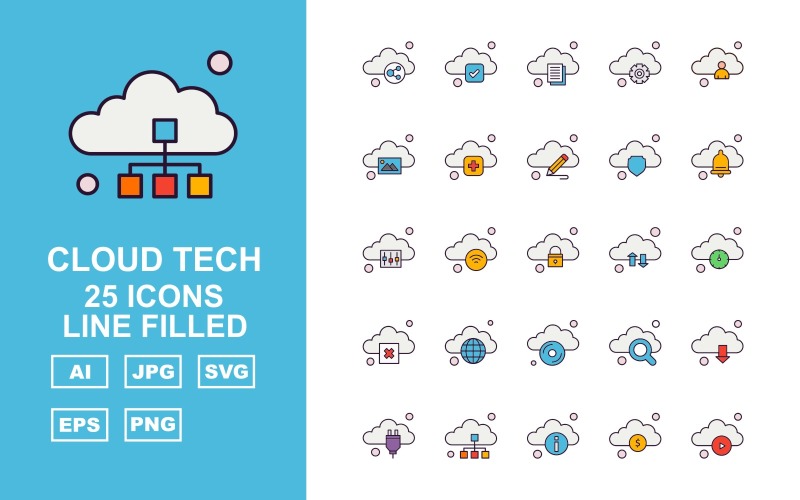 Download Набор иконок "25 Premium Cloud Tech Line Filled Icon Set" / 25 Premium Cloud Tech Line Filled Icon Set - Набор иконок на тему data link,wifi,search,download,plug,database,information,dollar,play,tick,document,setting,man,gallery,add,pencil,shield,bell,option,icon