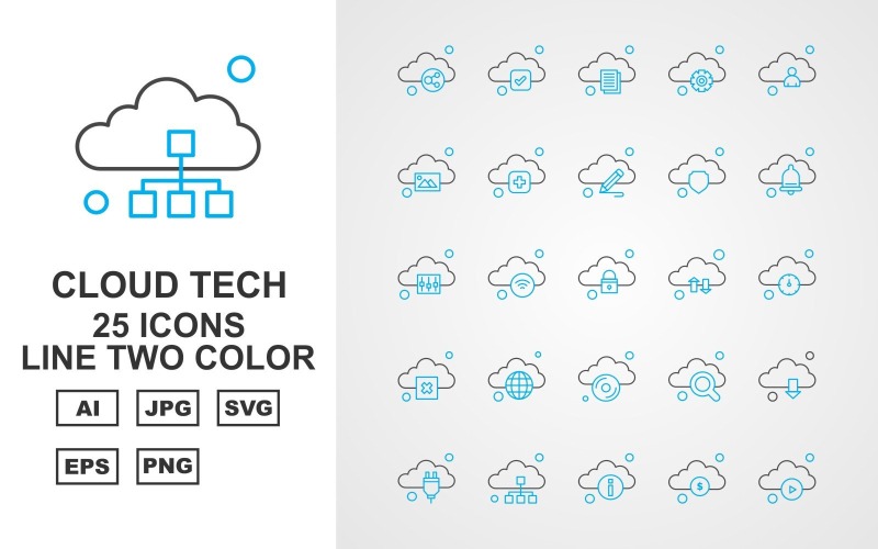 Download Набор иконок "25 Premium Cloud Tech Line Two Color Icon Set" / 25 Premium Cloud Tech Line Two Color Icon Set - Набор иконок на тему data link,wifi,search,download,plug,database,information,dollar,play,tick,document,setting,man,gallery,add,pencil,shield,bell,option,icon