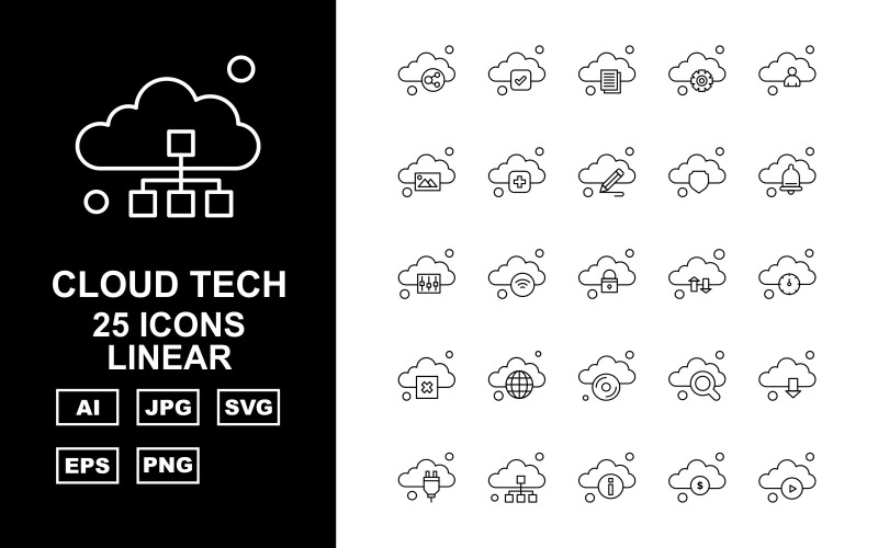 Download Набор иконок "25 Premium Cloud Tech Linear Icon Set" / 25 Premium Cloud Tech Linear Icon Set - Набор иконок на тему data link,wifi,search,download,plug,database,information,dollar,play,tick,document,setting,man,gallery,add,pencil,shield,bell,option,icon