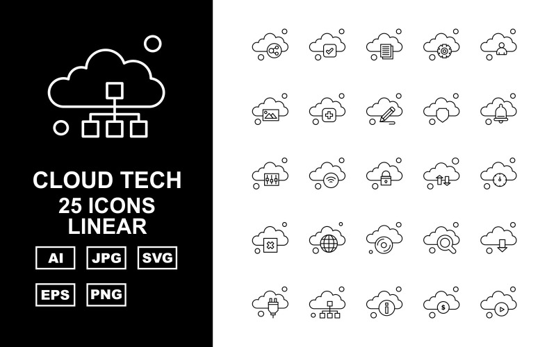 25 Premium Cloud Tech Lineární Icon Set