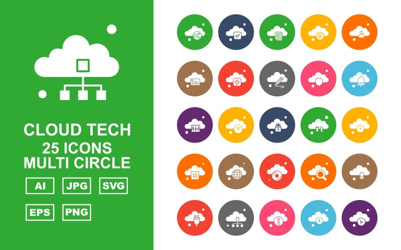 Download Набор иконок "25 Premium Cloud Tech Multi Circle Icon Set" / 25 Premium Cloud Tech Multi Circle Icon Set - Набор иконок на тему data link,wifi,search,download,plug,database,information,dollar,play,tick,document,setting,man,gallery,add,pencil,shield,bell,option,icon
