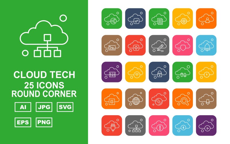 Download Набор иконок "25 Premium Cloud Tech Round Corner Icon Set" / 25 Premium Cloud Tech Round Corner Icon Set - Набор иконок на тему data link,wifi,search,download,plug,database,information,dollar,play,tick,document,setting,man,gallery,add,pencil,shield,bell,option,icon