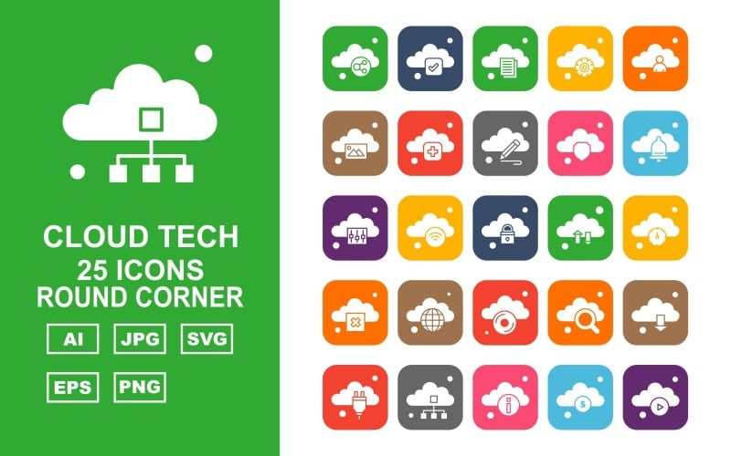 Download Набор иконок "25 Premium Cloud Tech Round Corner Icon Set" / 25 Premium Cloud Tech Round Corner Icon Set - Набор иконок на тему data link,wifi,search,download,plug,database,information,dollar,play,tick,document,setting,man,gallery,add,pencil,shield,bell,option,icon