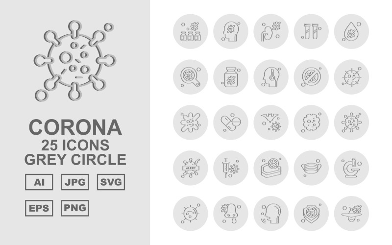 Download Набор иконок "25 Premium Corona Virus Grey Circle Icon Set" / 25 Premium Corona Virus Grey Circle Icon Set - Набор иконок на тему medical bottl,medicines,face mask,microscope,coronavirus,patient,shield,airplane,kidney,research,blood drop,search,bottle,block,covid 19,injection,icon,icons