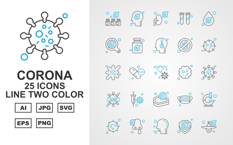 Download Набор иконок "25 Premium Corona Virus Line Two Color Icon Set" / 25 Premium Corona Virus Line Two Color Icon Set - Набор иконок на тему medical bottl,medicines,face mask,microscope,coronavirus,patient,shield,airplane,kidney,research,blood drop,search,bottle,block,covid 19,injection,icon,icons