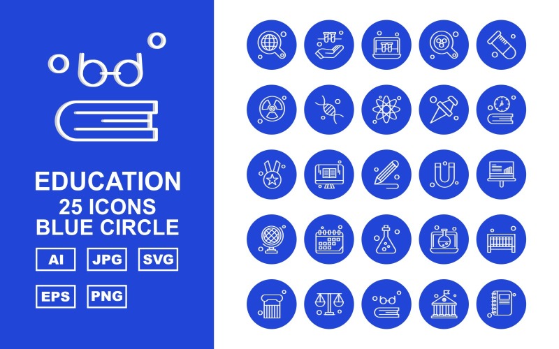 Download Набор иконок "25 Premium Education Blue Circle Icon Set" / 25 Premium Education Blue Circle Icon Set - Набор иконок на тему science find,lcd,laptop,test tube,column,balance,book,university,hand,radiation,dna,atom,icon,icons,magnet,analytics