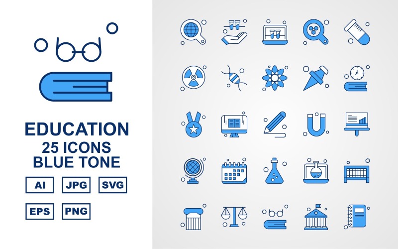 Download Набор иконок "25 Premium Education Blue Tone Icon Set" / 25 Premium Education Blue Tone Icon Set - Набор иконок на тему science find,lcd,laptop,test tube,column,balance,book,university,hand,radiation,dna,atom,icon,icons,magnet,analytics