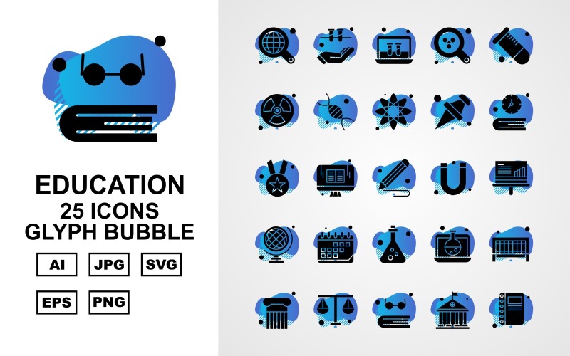 Download Набор иконок "25 Premium Education Glyph Bubble Icon Set" / 25 Premium Education Glyph Bubble Icon Set - Набор иконок на тему science find,lcd,laptop,test tube,column,balance,book,university,hand,radiation,dna,atom,icon,icons,magnet,analytics
