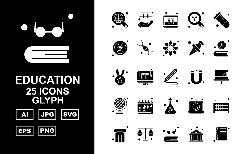Download Набор иконок "25 Premium Education Glyph Icon Set" / 25 Premium Education Glyph Icon Set - Набор иконок на тему science find,lcd,laptop,test tube,column,balance,book,university,hand,radiation,dna,atom,icon,icons,magnet,analytics
