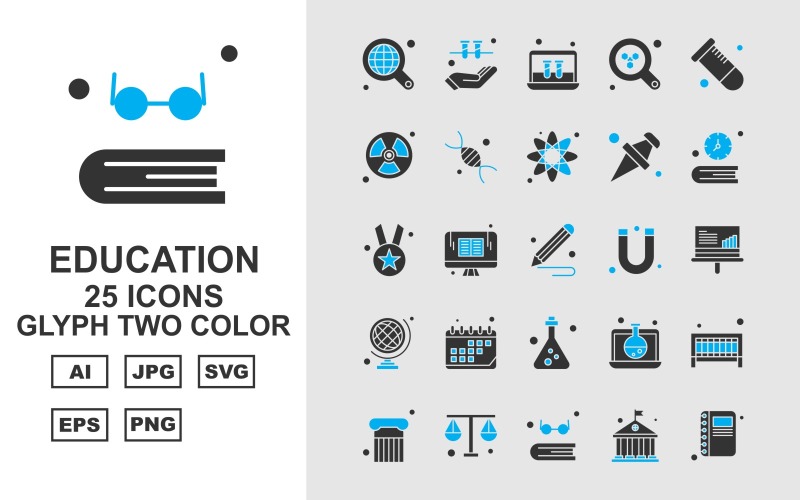 Download Набор иконок "25 Premium Education Glyph Two Color Icon Set" / 25 Premium Education Glyph Two Color Icon Set - Набор иконок на тему science find,lcd,laptop,test tube,column,balance,book,university,hand,radiation,dna,atom,icon,icons,magnet,analytics