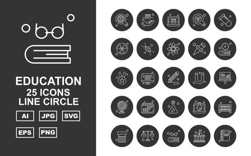 Download Набор иконок "25 Premium Education Line Circle Icon Set" / 25 Premium Education Line Circle Icon Set - Набор иконок на тему science find,lcd,laptop,test tube,column,balance,book,university,hand,radiation,dna,atom,icon,icons,magnet,analytics