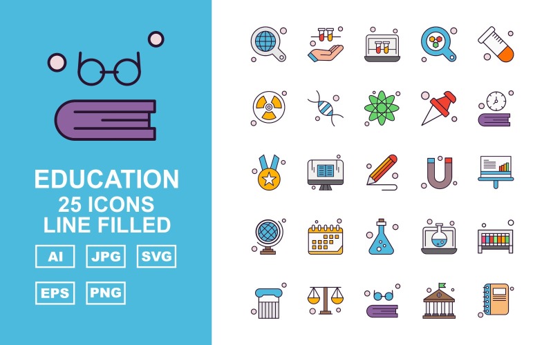 Download Набор иконок "25 Premium Education Line Filled Icon Set" / 25 Premium Education Line Filled Icon Set - Набор иконок на тему science find,lcd,laptop,test tube,column,balance,book,university,hand,radiation,dna,atom,icon,icons,magnet,analytics