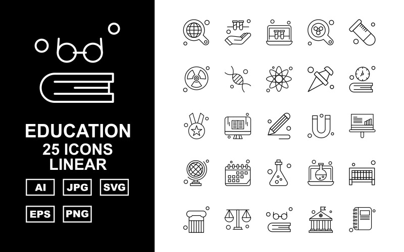 Download Набор иконок "25 Premium Education Linear Icon Set" / 25 Premium Education Linear Icon Set - Набор иконок на тему science find,lcd,laptop,test tube,column,balance,book,university,hand,radiation,dna,atom,icon,icons,magnet,analytics