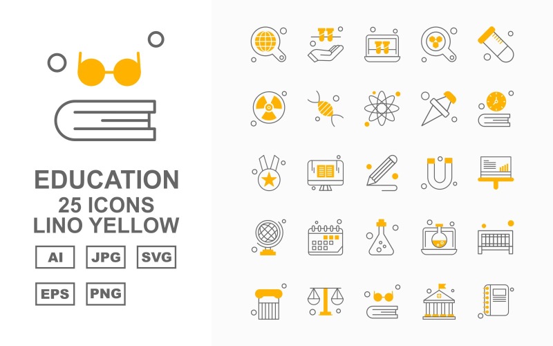 Download Набор иконок "25 Premium Education Lino Yellow Icon Set" / 25 Premium Education Lino Yellow Icon Set - Набор иконок на тему science find,lcd,laptop,test tube,column,balance,book,university,hand,radiation,dna,atom,icon,icons,magnet,analytics