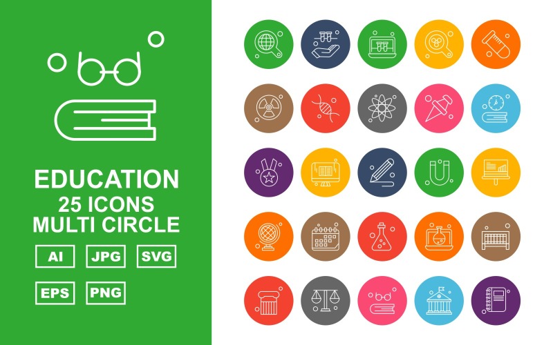 Download Набор иконок "25 Premium Education Multi Circle Icon Set" / 25 Premium Education Multi Circle Icon Set - Набор иконок на тему science find,lcd,laptop,test tube,column,balance,book,university,hand,radiation,dna,atom,icon,icons,magnet,analytics