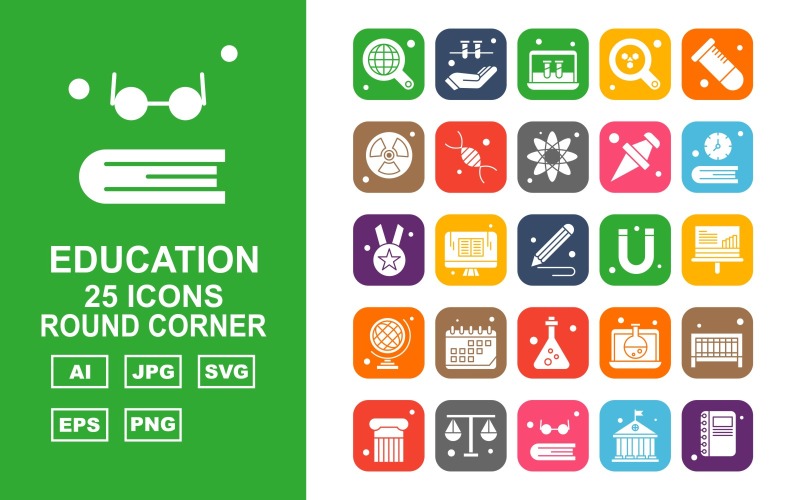 25 Premium Education Round Corner Icon Set