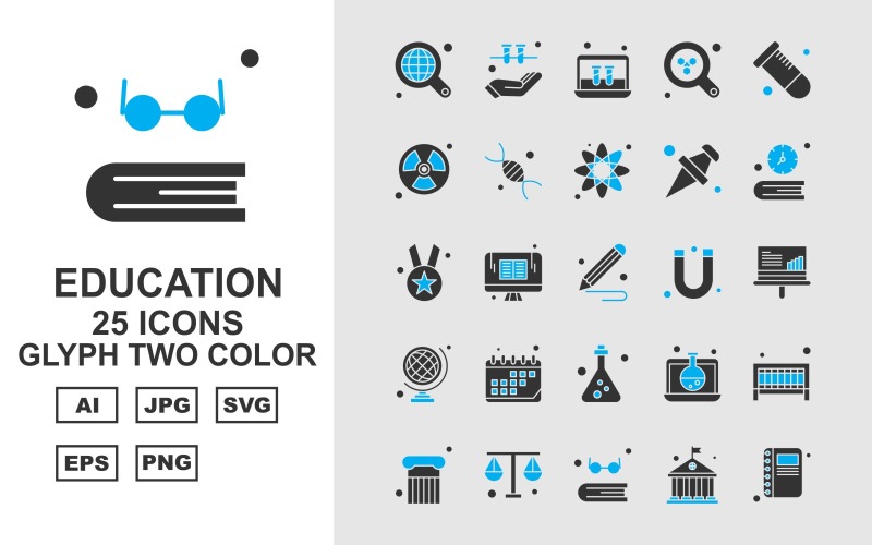 25 set di icone a due colori del glifo Premium Education
