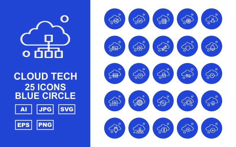 25 set di icone cerchio blu Premium Cloud Tech