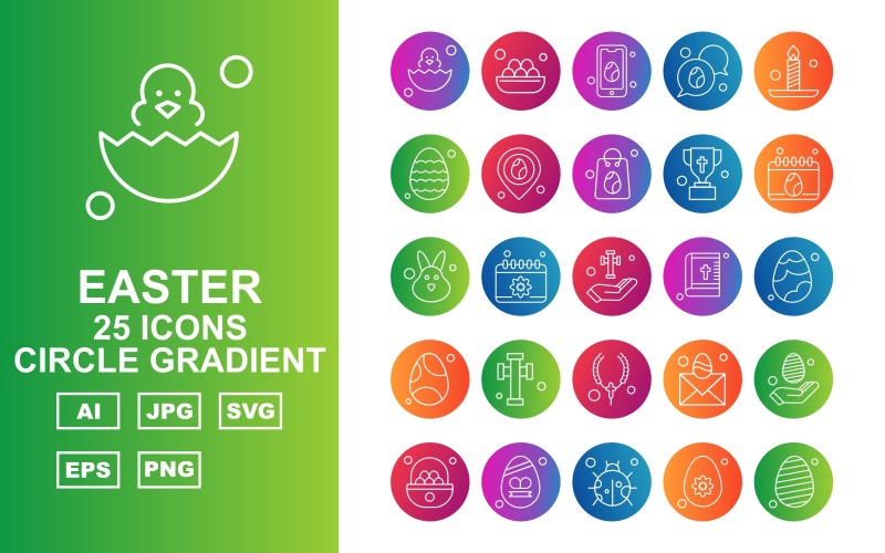 Download Набор иконок "25 Premium Easter Circle Gradient Icon Set" / 25 Premium Easter Circle Gradient Icon Set - Набор иконок на тему culture egg,calendar,mail,hand,eggs,insect,basket,mobile,chat,candle,location,bag,trophy,rabbit,cross,bible,locket,icon,icons