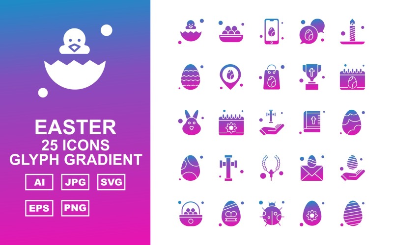 Download Набор иконок "25 Premium Easter Glyph Gradient Icon Set" / 25 Premium Easter Glyph Gradient Icon Set - Набор иконок на тему culture egg,calendar,mail,hand,eggs,insect,basket,mobile,chat,candle,location,bag,trophy,rabbit,cross,bible,locket,icon,icons