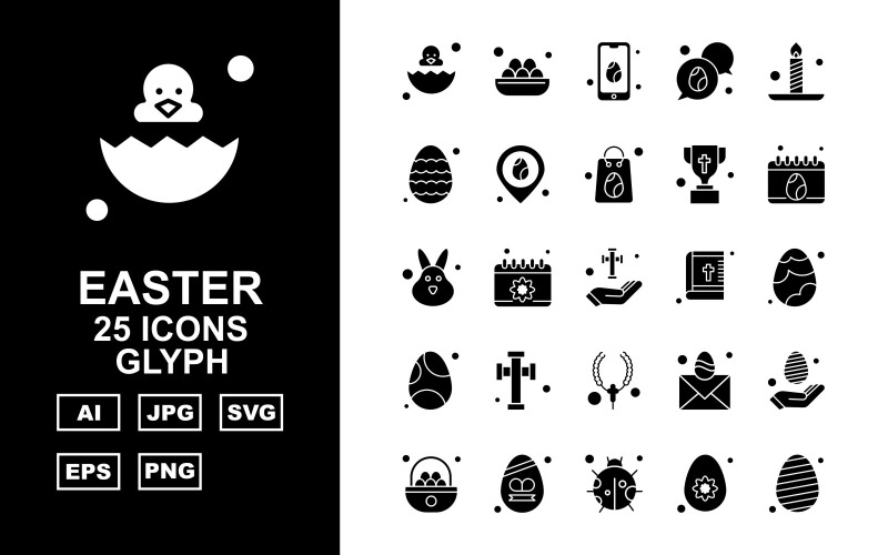 Download Набор иконок "25 Premium Easter Glyph Icon Set" / 25 Premium Easter Glyph Icon Set - Набор иконок на тему culture egg,calendar,mail,hand,eggs,insect,basket,mobile,chat,candle,location,bag,trophy,rabbit,cross,bible,locket,icon,icons