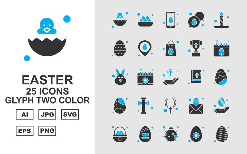 Download Набор иконок "25 Premium Easter Glyph Two Color Icon Set" / 25 Premium Easter Glyph Two Color Icon Set - Набор иконок на тему culture egg,calendar,mail,hand,eggs,insect,basket,mobile,chat,candle,location,bag,trophy,rabbit,cross,bible,locket,icon,icons