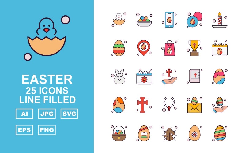 Download Набор иконок "25 Premium Easter Line Filled Icon Set" / 25 Premium Easter Line Filled Icon Set - Набор иконок на тему culture egg,calendar,mail,hand,eggs,insect,basket,mobile,chat,candle,location,bag,trophy,rabbit,cross,bible,locket,icon,icons
