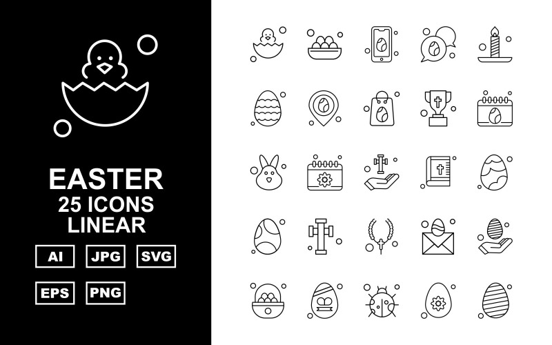 Download Набор иконок "25 Premium Easter Linear Icon Set" / 25 Premium Easter Linear Icon Set - Набор иконок на тему culture egg,calendar,mail,hand,eggs,insect,basket,mobile,chat,candle,location,bag,trophy,rabbit,cross,bible,locket,icon,icons