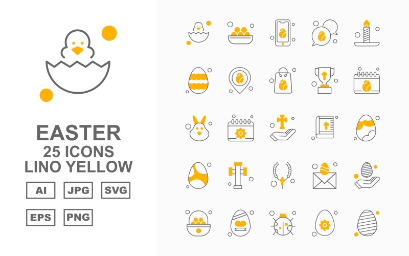 Download Набор иконок "25 Premium Easter Lino Yellow Icon Set" / 25 Premium Easter Lino Yellow Icon Set - Набор иконок на тему culture egg,calendar,mail,hand,eggs,insect,basket,mobile,chat,candle,location,bag,trophy,rabbit,cross,bible,locket,icon,icons