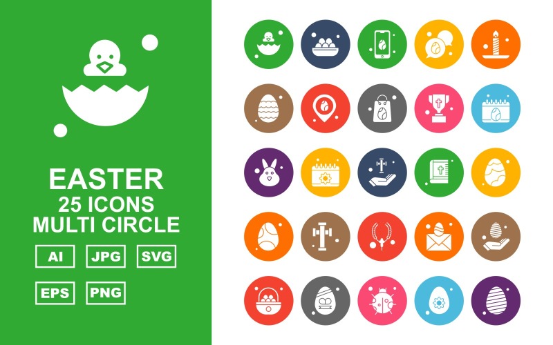 Download Набор иконок "25 Premium Easter Multi Circle Icon Set" / 25 Premium Easter Multi Circle Icon Set - Набор иконок на тему culture egg,calendar,mail,hand,eggs,insect,basket,mobile,chat,candle,location,bag,trophy,rabbit,cross,bible,locket,icon,icons