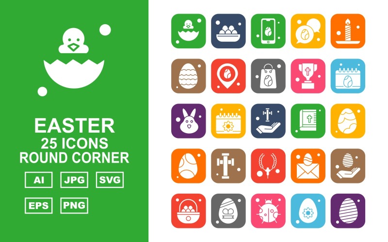 Download Набор иконок "25 Premium Easter Round Corner Icon Set" / 25 Premium Easter Round Corner Icon Set - Набор иконок на тему culture egg,calendar,mail,hand,eggs,insect,basket,mobile,chat,candle,location,bag,trophy,rabbit,cross,bible,locket,icon,icons
