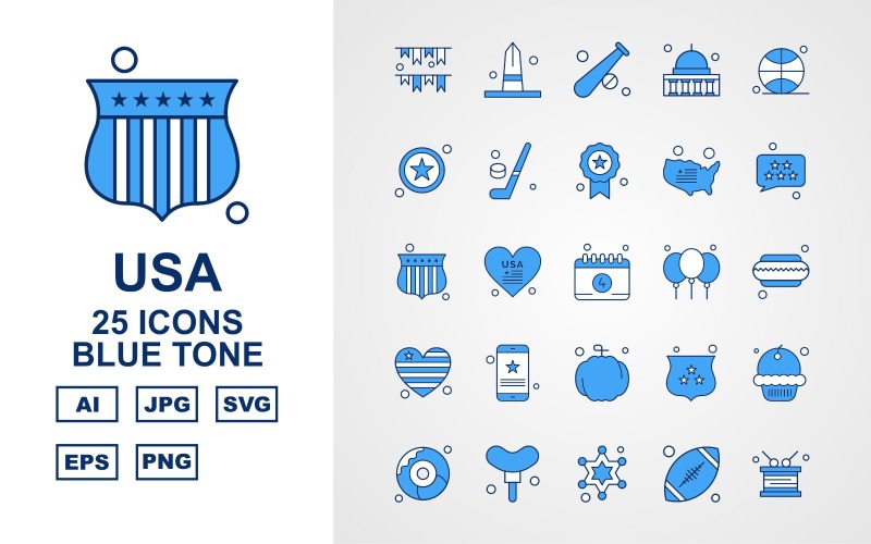 Download Набор иконок "25 Premium USA Blue Tone Icon Set" / 25 Premium USA Blue Tone Icon Set - Набор иконок на тему maps decoration,heart,shield,muffin,doughnut,hotdog,star,rugby,drum,monument,baseball,washington capitol,ball,hockey,award,map,chat,icon,icons
