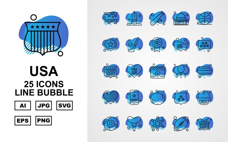 Download Набор иконок "25 Premium USA Line Bubble Icon Set" / 25 Premium USA Line Bubble Icon Set - Набор иконок на тему maps decoration,heart,shield,muffin,doughnut,hotdog,star,rugby,drum,monument,baseball,washington capitol,ball,hockey,award,map,chat,icon,icons