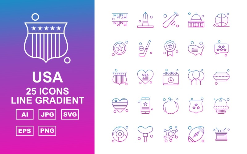 Download Набор иконок "25 Premium USA Line Gradient Icon Set" / 25 Premium USA Line Gradient Icon Set - Набор иконок на тему maps decoration,heart,shield,muffin,doughnut,hotdog,star,rugby,drum,monument,baseball,washington capitol,ball,hockey,award,map,chat,icon,icons