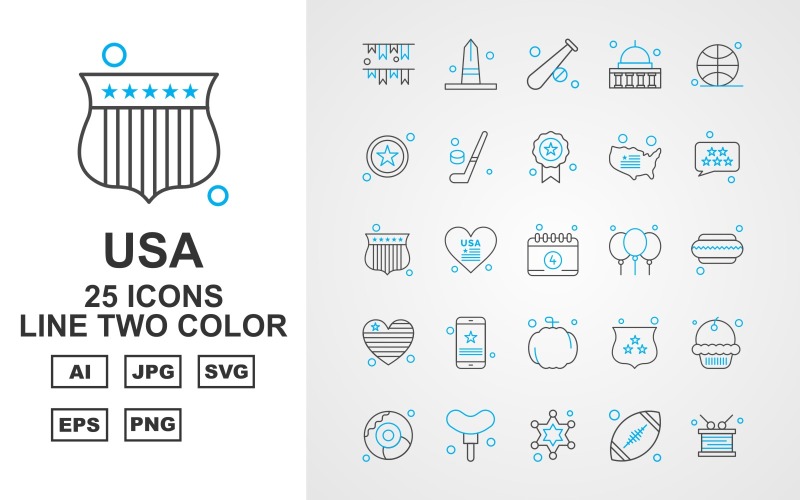Download Набор иконок "25 Premium USA Line Two Color Icon Set" / 25 Premium USA Line Two Color Icon Set - Набор иконок на тему maps decoration,heart,shield,muffin,doughnut,hotdog,star,rugby,drum,monument,baseball,washington capitol,ball,hockey,award,map,chat,icon,icons