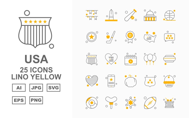 Download Набор иконок "25 Premium USA Lino Yellow Icon Set" / 25 Premium USA Lino Yellow Icon Set - Набор иконок на тему maps decoration,heart,shield,muffin,doughnut,hotdog,star,rugby,drum,monument,baseball,washington capitol,ball,hockey,award,map,chat,icon,icons