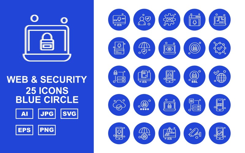 Download Набор иконок "25 Premium Web And Security Blue Circle Icon Set" / 25 Premium Web And Security Blue Circle Icon Set - Набор иконок на тему security display screen,lcd,server,mobile,setting,camera,avatar,message,browser,laptop,atm card,shield,lock,check,earth,icon,icons