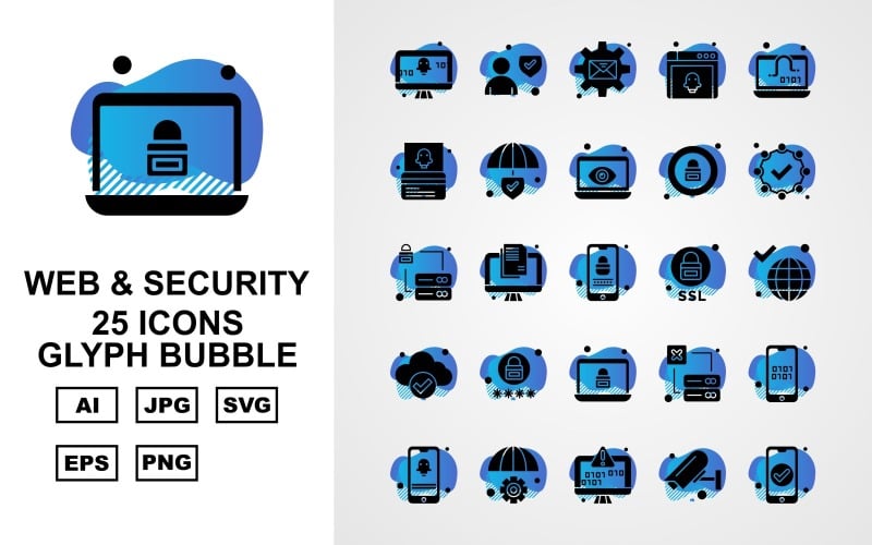 Download Набор иконок "25 Premium Web And Security Glyph Bubble Icon Set" / 25 Premium Web And Security Glyph Bubble Icon Set - Набор иконок на тему security display screen,lcd,server,mobile,setting,camera,avatar,message,browser,laptop,atm card,shield,lock,check,earth,icon,icons