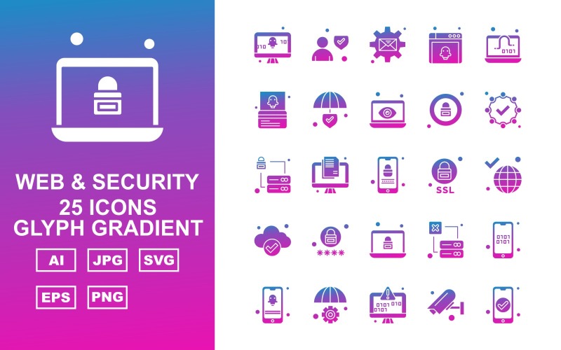 Download Набор иконок "25 Premium Web And Security Glyph Gradient Icon Set" / 25 Premium Web And Security Glyph Gradient Icon Set - Набор иконок на тему security display screen,lcd,server,mobile,setting,camera,avatar,message,browser,laptop,atm card,shield,lock,check,earth,icon,icons