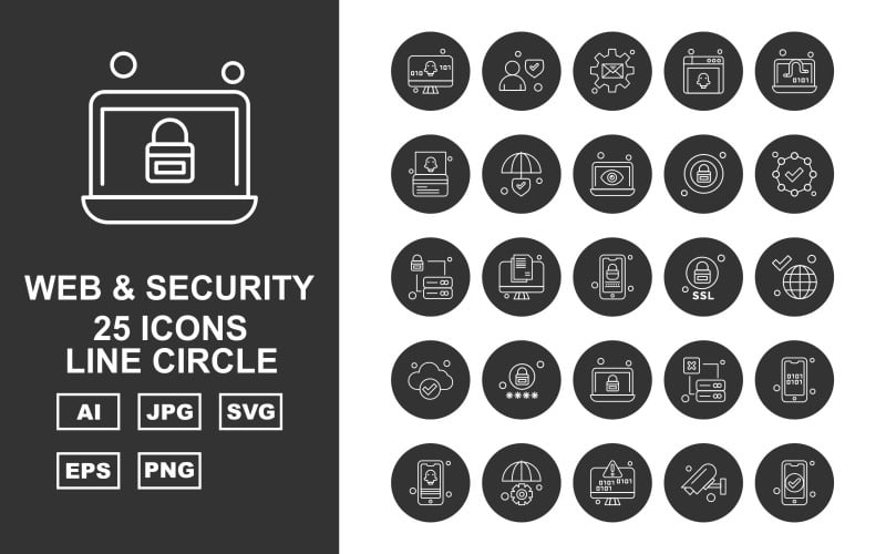 Download Набор иконок "25 Premium Web And Security Line Circle Icon Set" / 25 Premium Web And Security Line Circle Icon Set - Набор иконок на тему security display screen,lcd,server,mobile,setting,camera,avatar,message,browser,laptop,atm card,shield,lock,check,earth,icon,icons