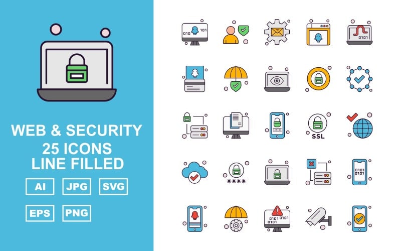 Download Набор иконок "25 Premium Web And Security Line Filled Icon Set" / 25 Premium Web And Security Line Filled Icon Set - Набор иконок на тему security display screen,lcd,server,mobile,setting,camera,avatar,message,browser,laptop,atm card,shield,lock,check,earth,icon,icons