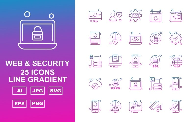 Download Набор иконок "25 Premium Web And Security Line Gradient Icon Set" / 25 Premium Web And Security Line Gradient Icon Set - Набор иконок на тему security display screen,lcd,server,mobile,setting,camera,avatar,message,browser,laptop,atm card,shield,lock,check,earth,icon,icons
