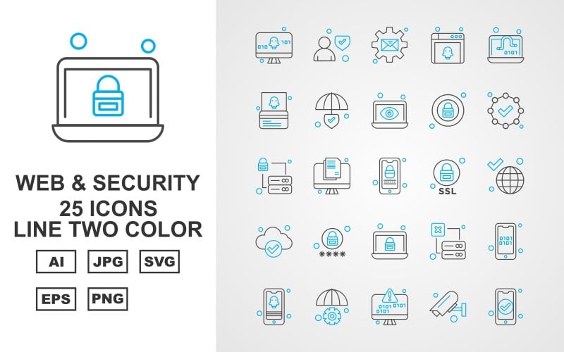 Download Набор иконок "25 Premium Web And Security Line Two Color Icon Set" / 25 Premium Web And Security Line Two Color Icon Set - Набор иконок на тему security display screen,lcd,server,mobile,setting,camera,avatar,message,browser,laptop,atm card,shield,lock,check,earth,icon,icons