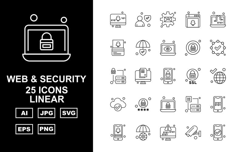 Download Набор иконок "25 Premium Web And Security Linear Icon Set" / 25 Premium Web And Security Linear Icon Set - Набор иконок на тему security display screen,lcd,server,mobile,setting,camera,avatar,message,browser,laptop,atm card,shield,lock,check,earth,icon,icons