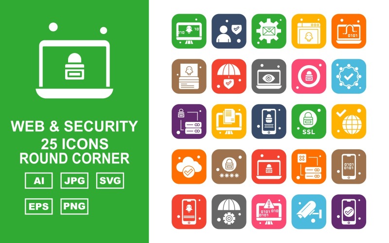 Download Набор иконок "25 Premium Web And Security Round Corner Icon Set" / 25 Premium Web And Security Round Corner Icon Set - Набор иконок на тему security display screen,lcd,server,mobile,setting,camera,avatar,message,browser,laptop,atm card,shield,lock,check,earth,icon,icons