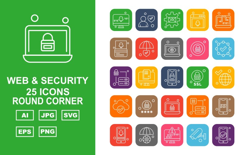 25 Premium Web And Security Round Corner Icon Set