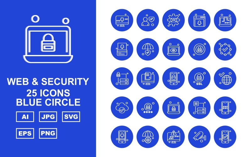 25 premium web en beveiliging blauwe cirkel pictogramserie
